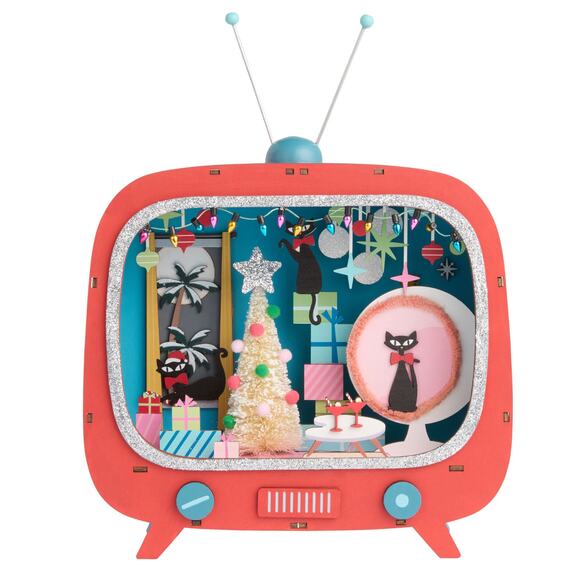 Mid-Century Modern Atomic Cat TV Set Light Up Christmas Decor Laser Cut Wood NEW - Picture 1 of 6